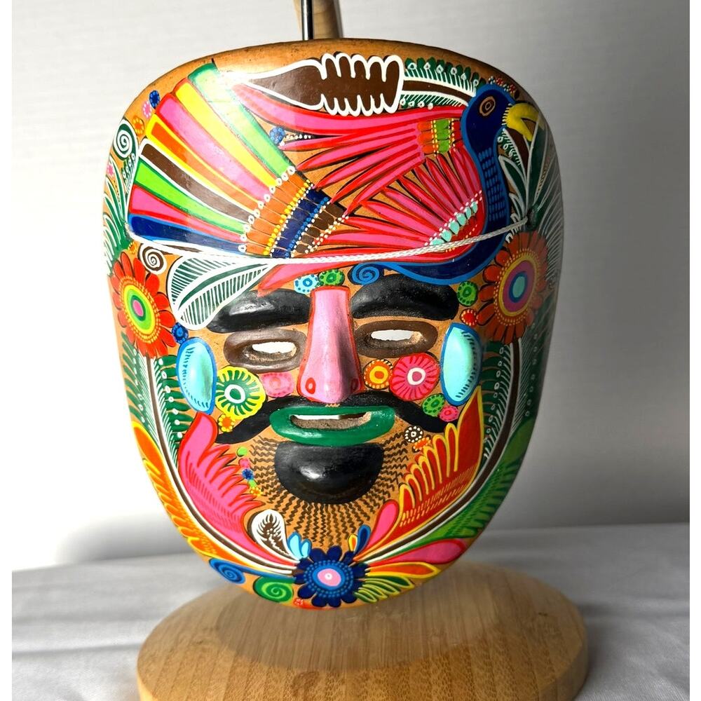Mexican Folk Art‎ Ceramic Barbon Mask Hand Painted Floral Birds Guerrero Style